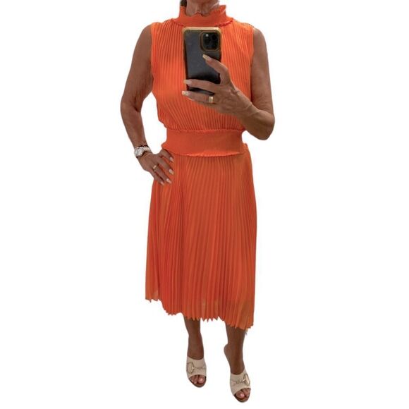 Nanette Lepore Smocked High Neck Pleated Dress in Vivid Coral.Size 12 - Picture 6 of 15